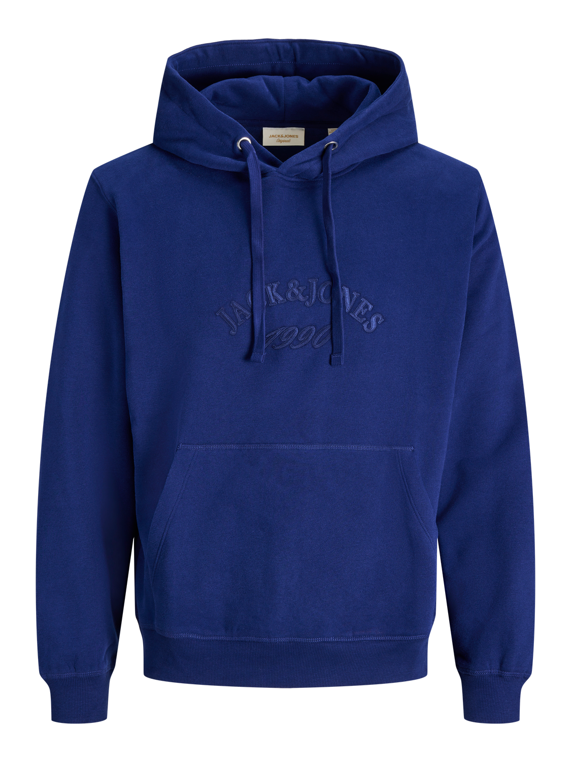 Blue hoodie with 'Jack & Jones' logo on a white background