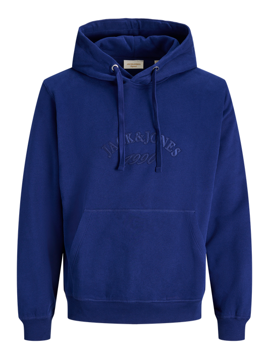 Blue hoodie with 'Jack & Jones' logo on a white background