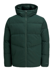 جاكيت جاك آند جونز المنتفخ: تصميم قصير وعصري بغطاء رأس، مثالي لإطلالة شتوية مستدامة.