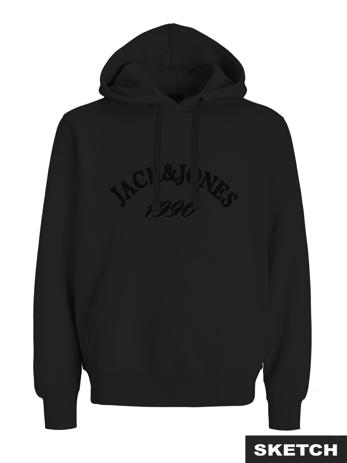 Black hoodie with 'Jack & Jones' logo on a white background