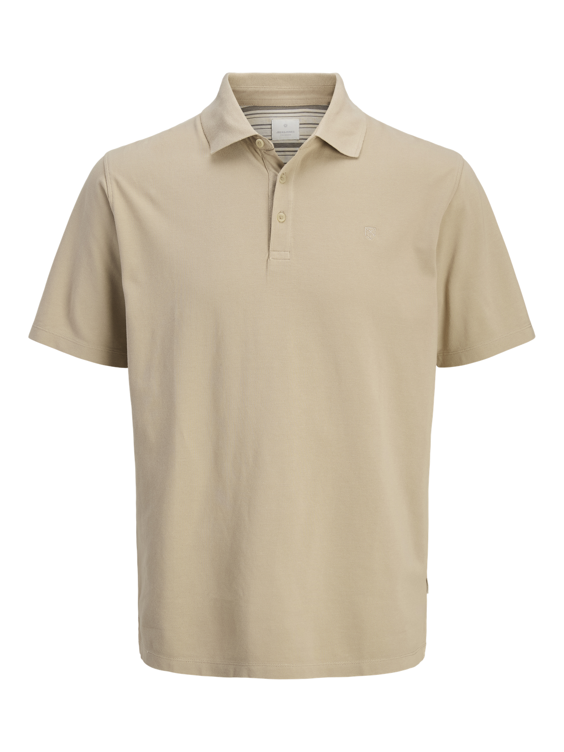 قميص بولو رجالي قطن نص كم بيج من جاك آند جونز مع عرض للأزرار والتفاصيل.