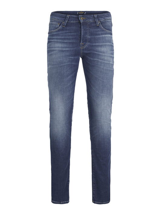 جينز رجالي slim fit أزرق دنيم من الجانب مع تفاصيل الحواف
