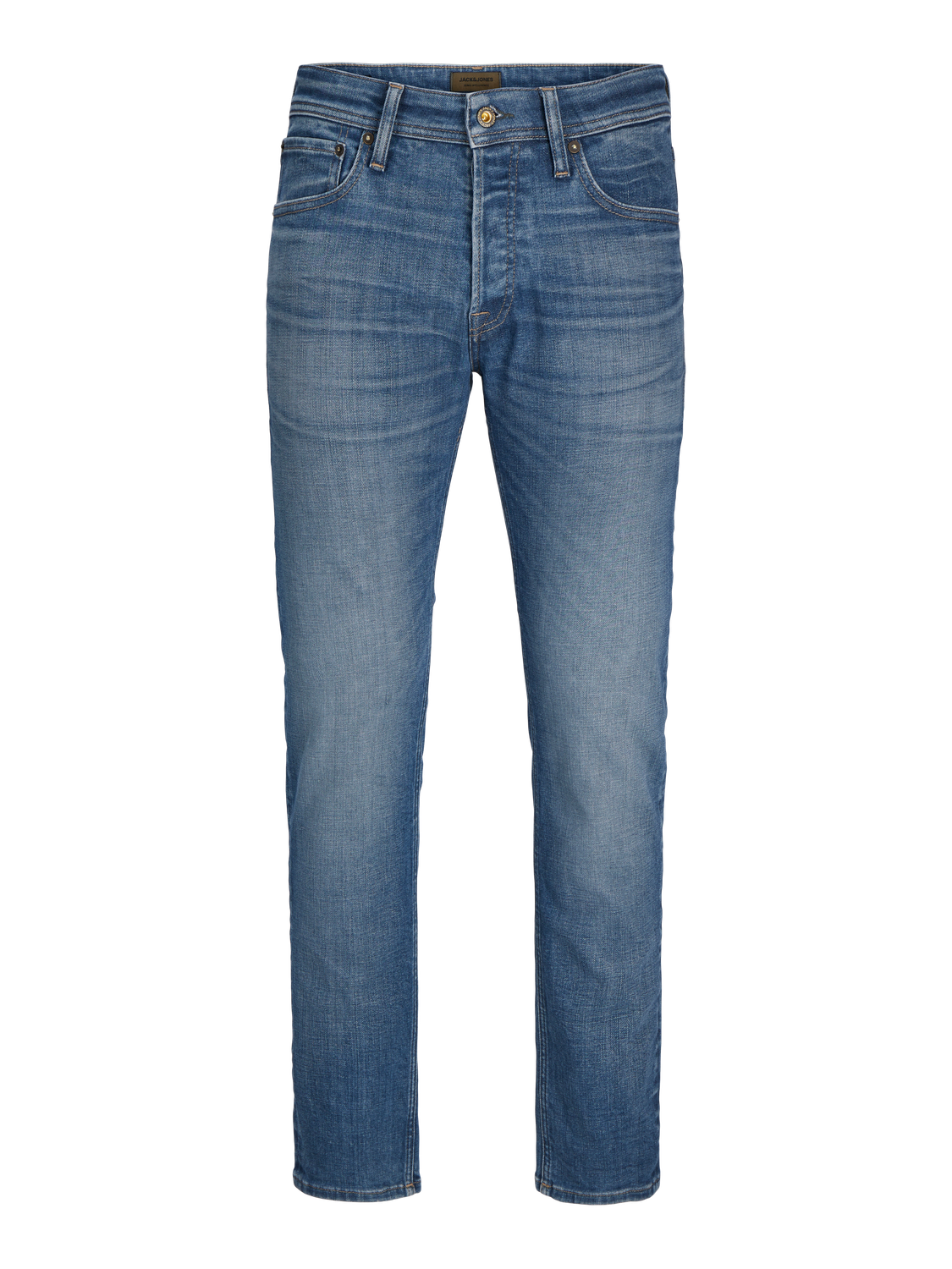 بنطلون جينز جيجيمايك الأزرق معروض على سطح مستوي لإظهار تفاصيل التصميم العصري