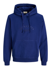 Blue hoodie with 'Jack & Jones' logo on a white background