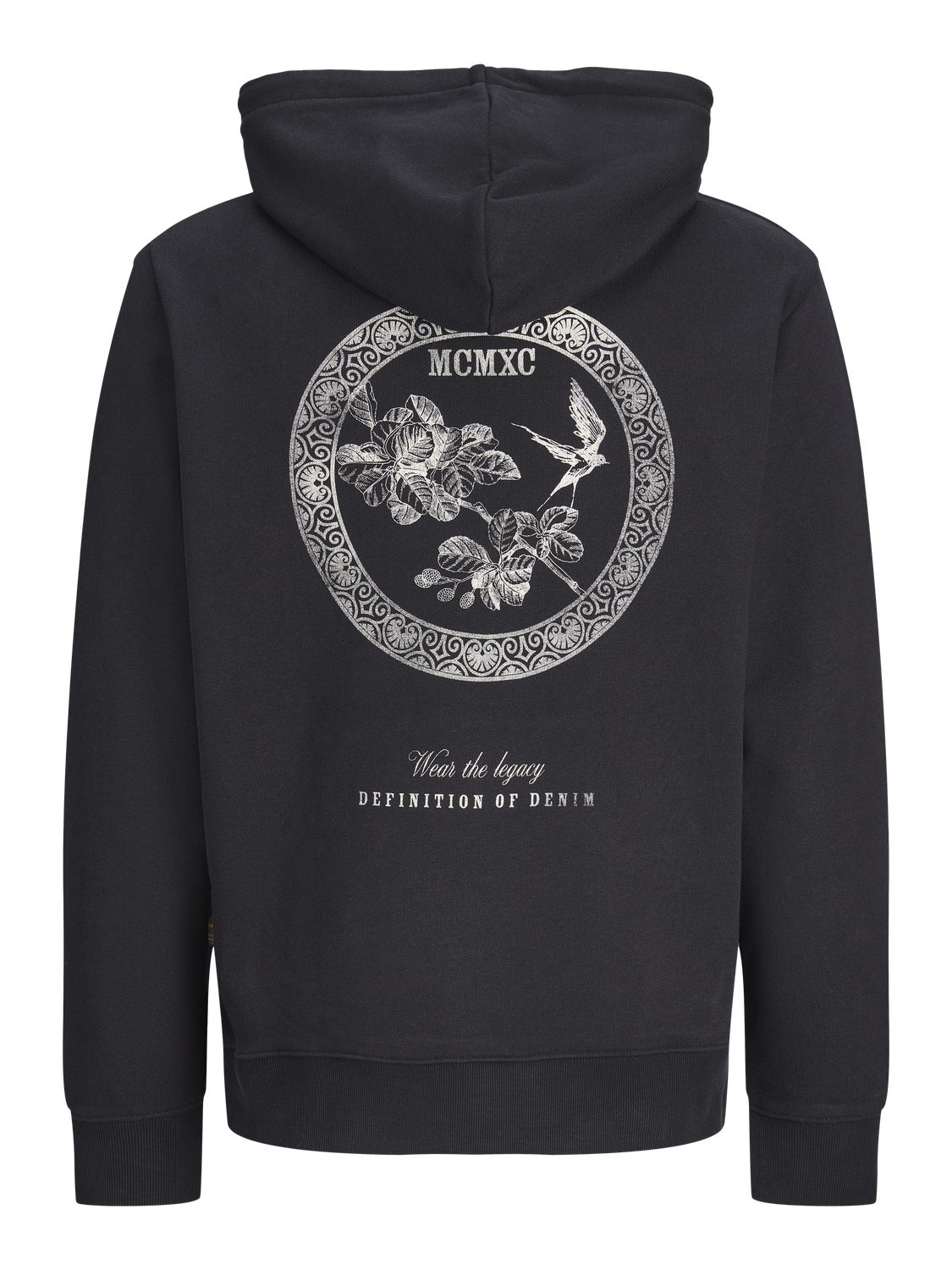 تفاصيل الطباعة الدائرية الخلفية، طباعة أمامية للهودي، قماش قطني مريح.
