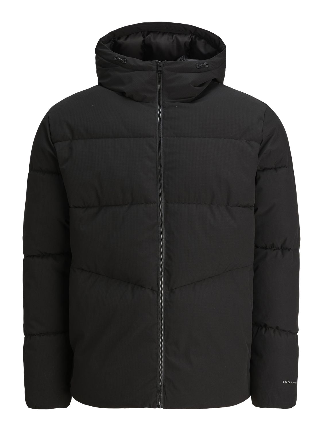 جاكيت بوفر أسود — لقطة جانبية خلفية على الموديل