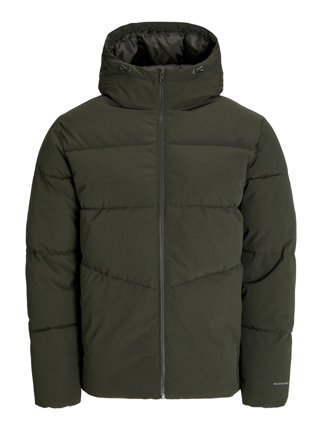 جاكيت جاك آند جونز المنتفخ: الدفء والجودة في تصميم كلاسيكي بلون زيتي عصري.