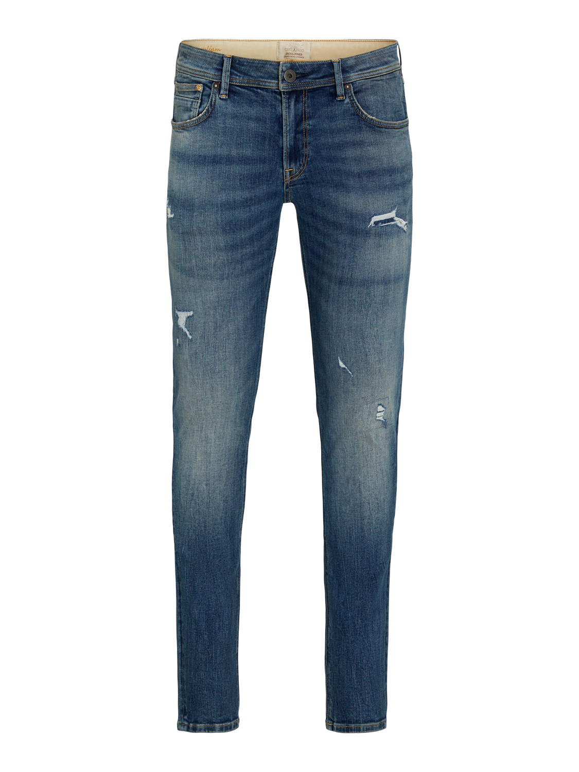 بنطلون جينز جيجي ليام الأزرق معروض على سطح مستوي لإظهار تفاصيل التصميم العصري.