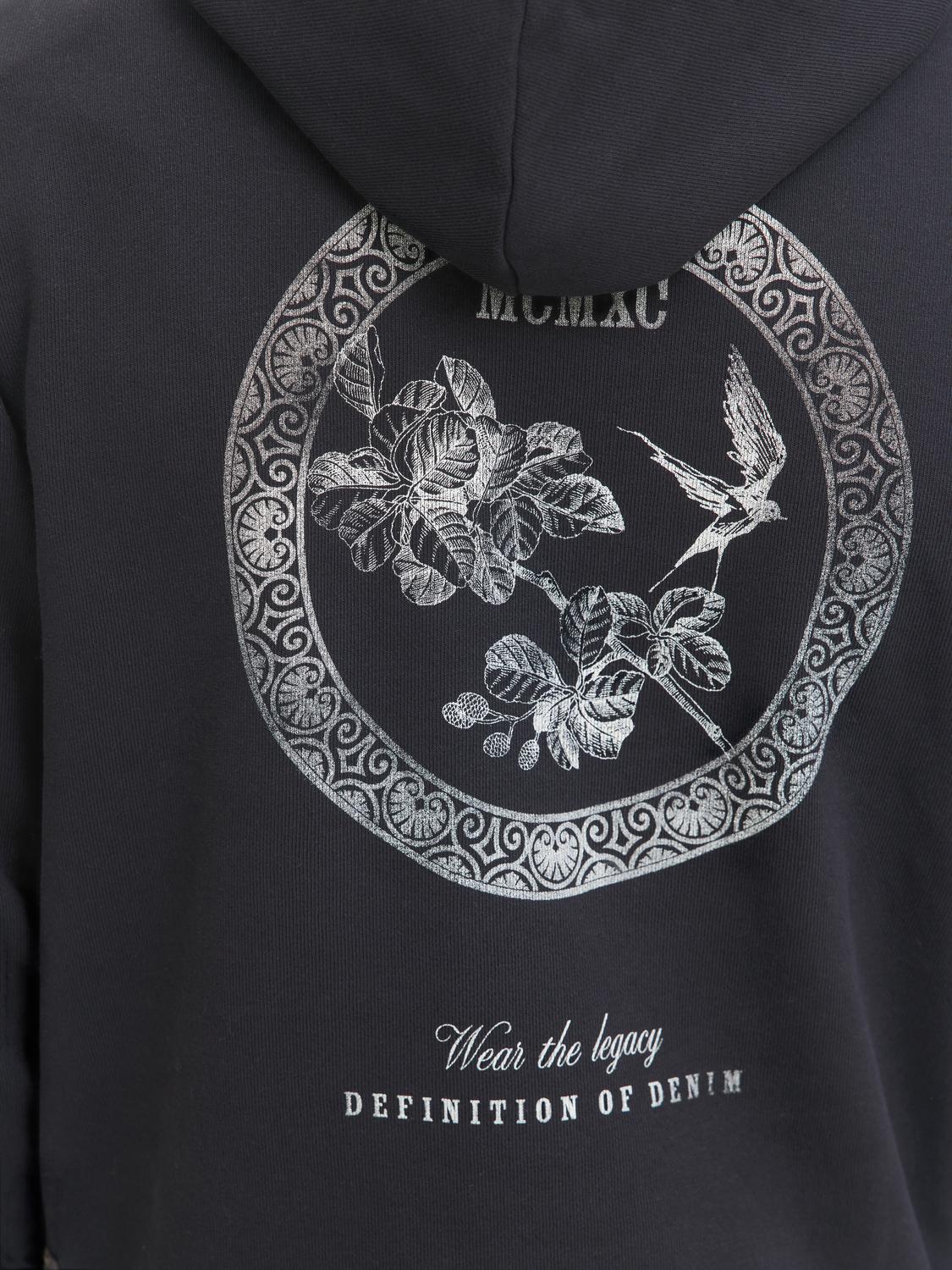 تفاصيل الطباعة الخلفية الدائرية لهودي جاك آند جونز، لقطة مقربة.
